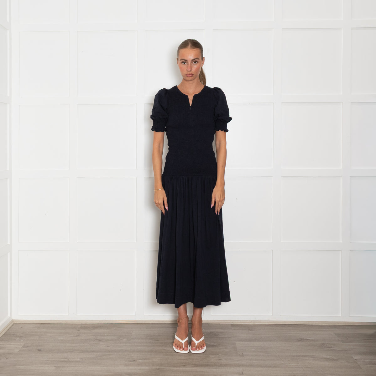 Me + Em Navy Shirred T-Shirt Material Midi Dress