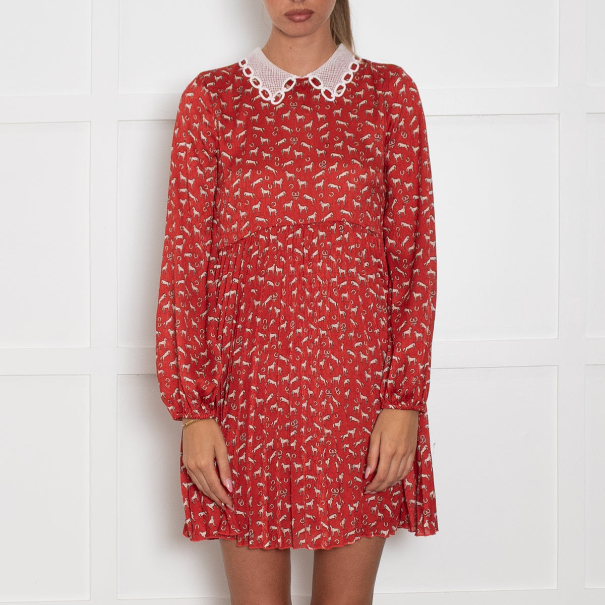 Maje Red White Horse Print Net Collared Mini Dress