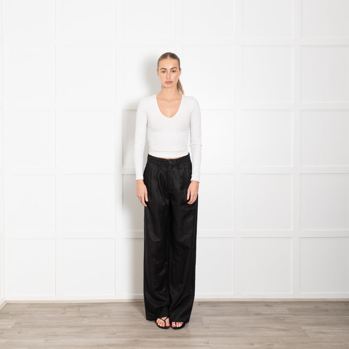 Anine Bing Black Pleat Front Wide Leg Trousers