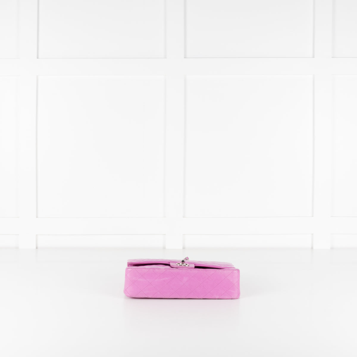 Base of Chanel Pink Matelasse 25 Lambskin Double Flap Bag.