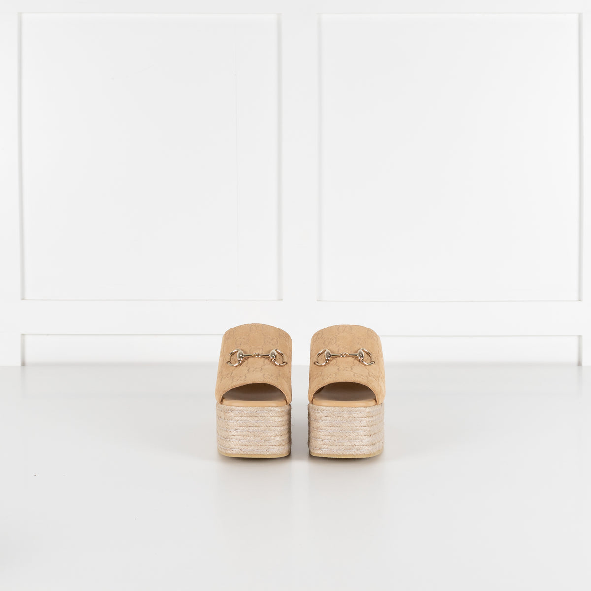 Gucci Beige Suede Platform Espadrille With Gold Horsebit