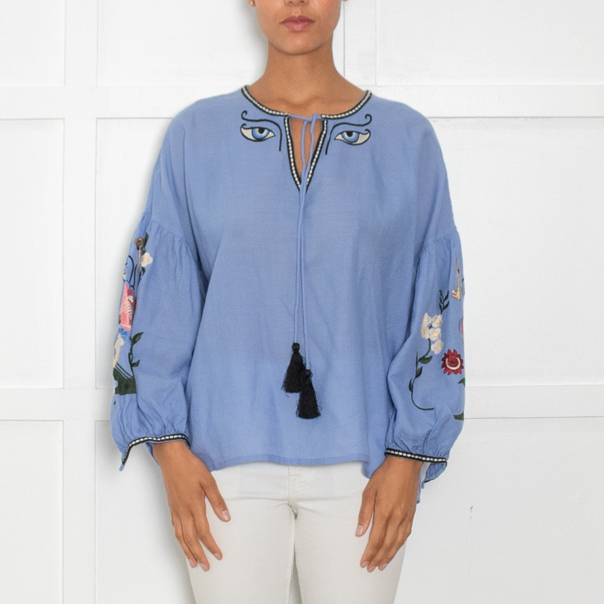Essentiel Antwerp Blue Multi Embroidered Wool Top