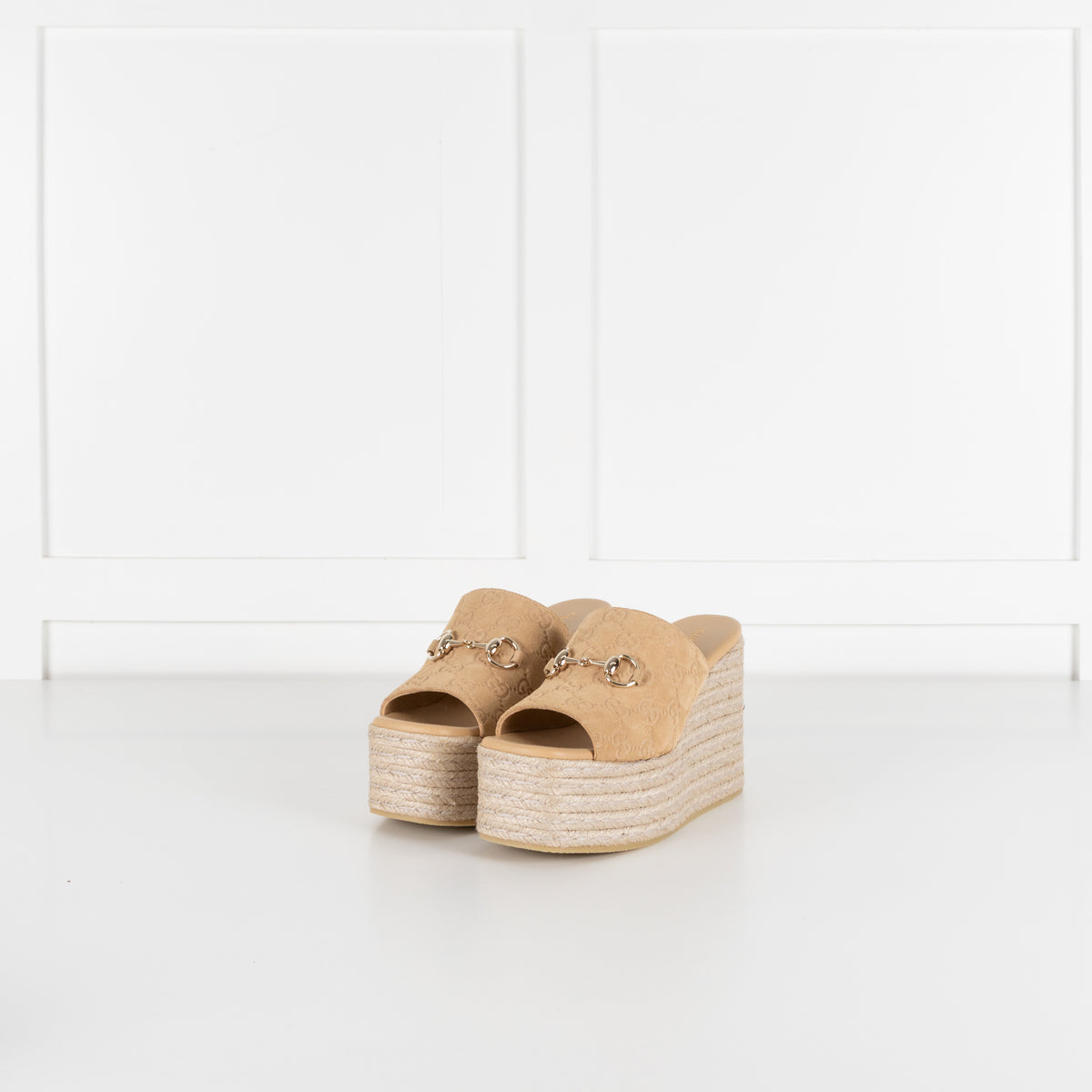 Gucci Beige Suede Platform Espadrille With Gold Horsebit