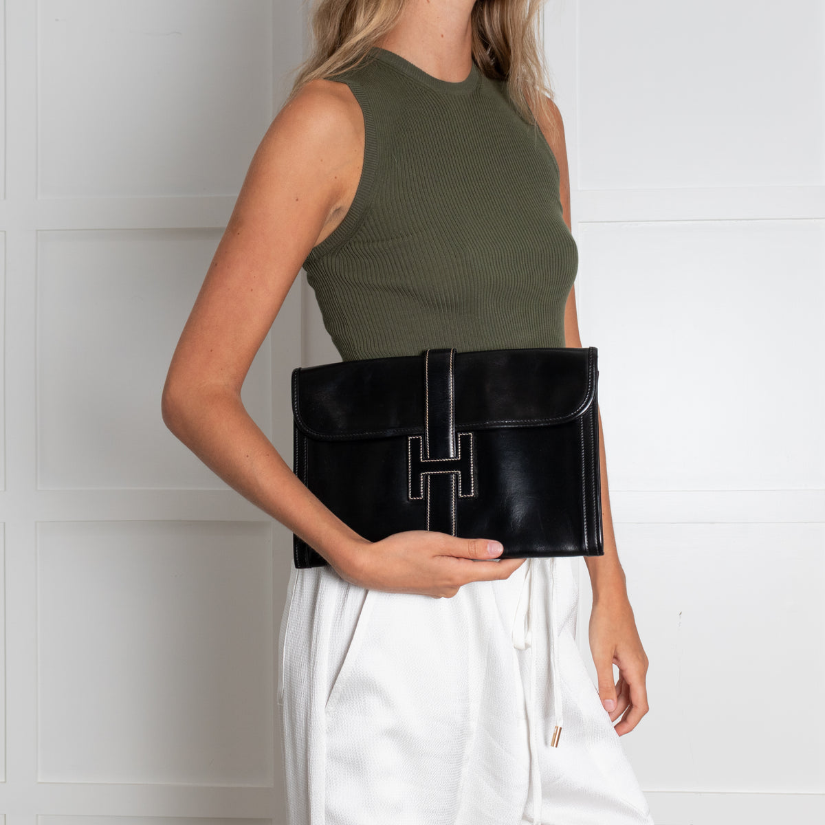 Hermes Black Swift Leather Vintage Jige Elan Clutch Bag