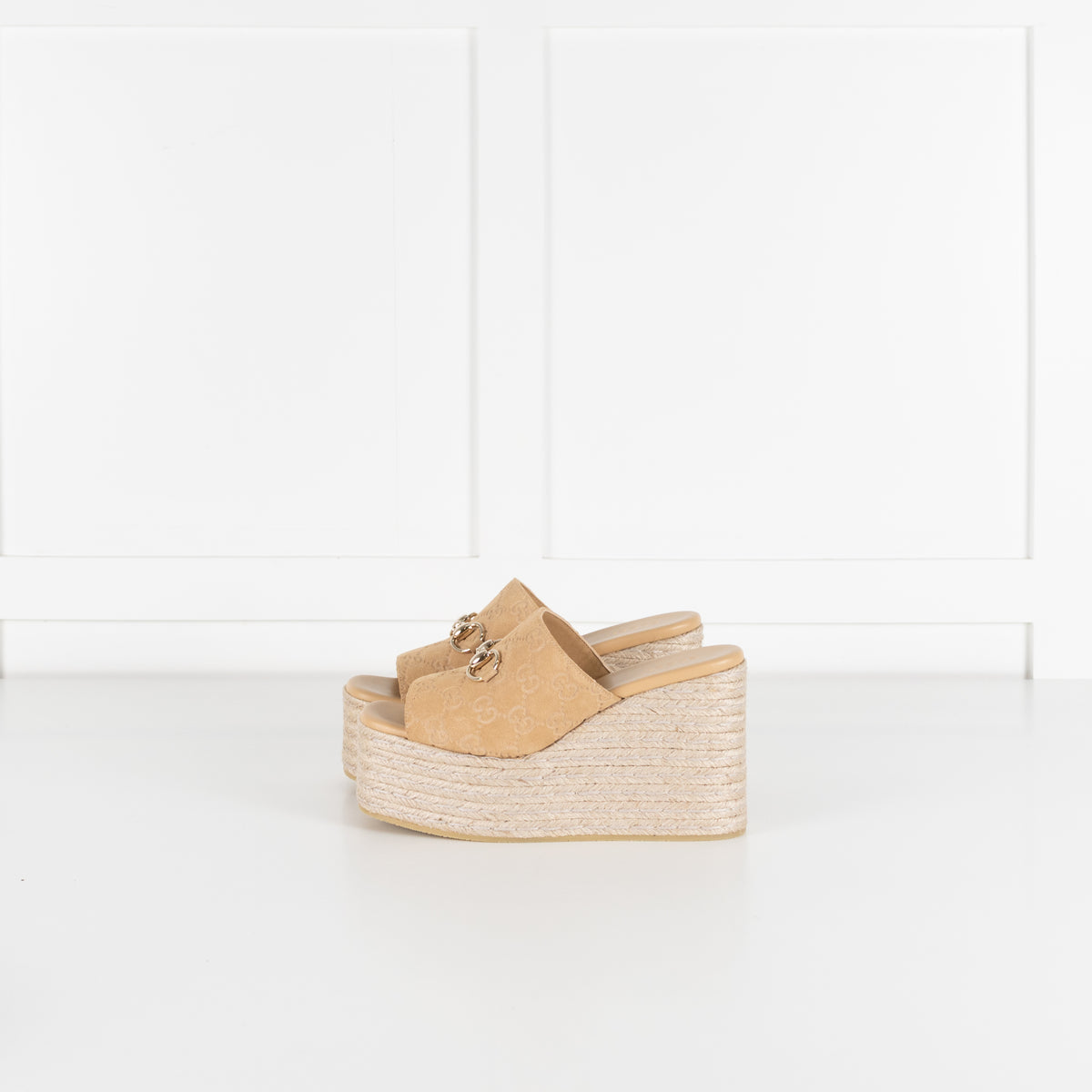 Gucci Beige Suede Platform Espadrille With Gold Horsebit
