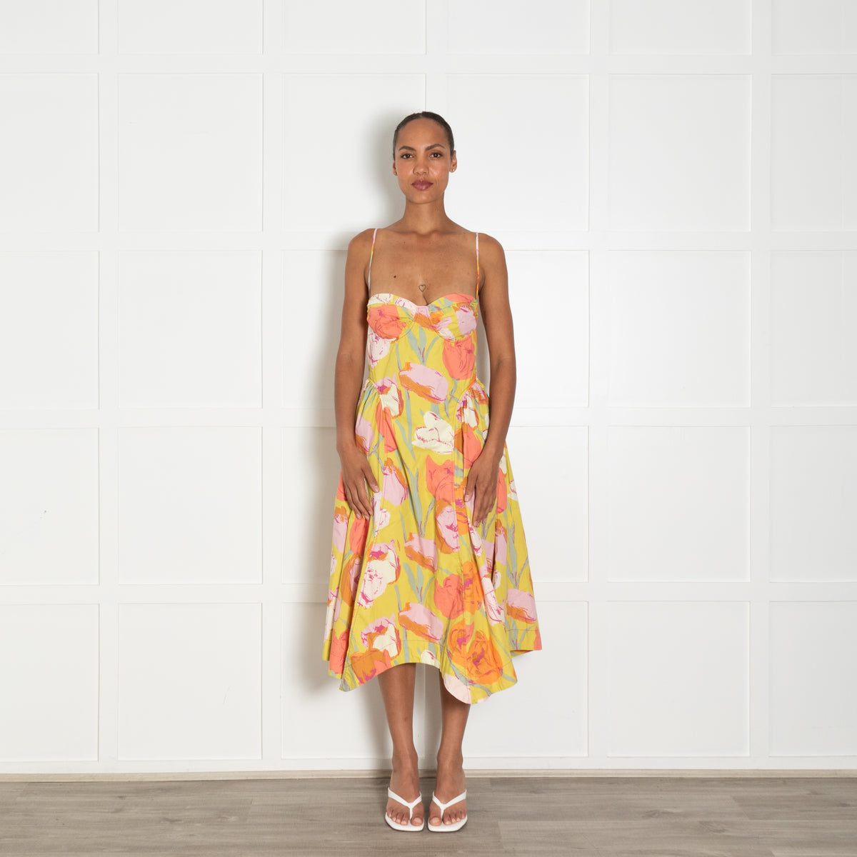 Free People Yellow Orange Floral Sleeveless Cotton Midi Dress