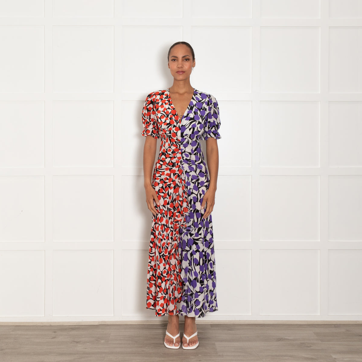 Rixo White Black Orange Floral Short Sleeve Maxi Dress