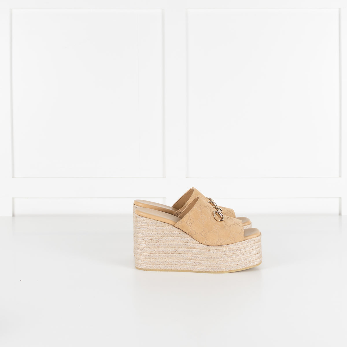 Gucci Beige Suede Platform Espadrille With Gold Horsebit