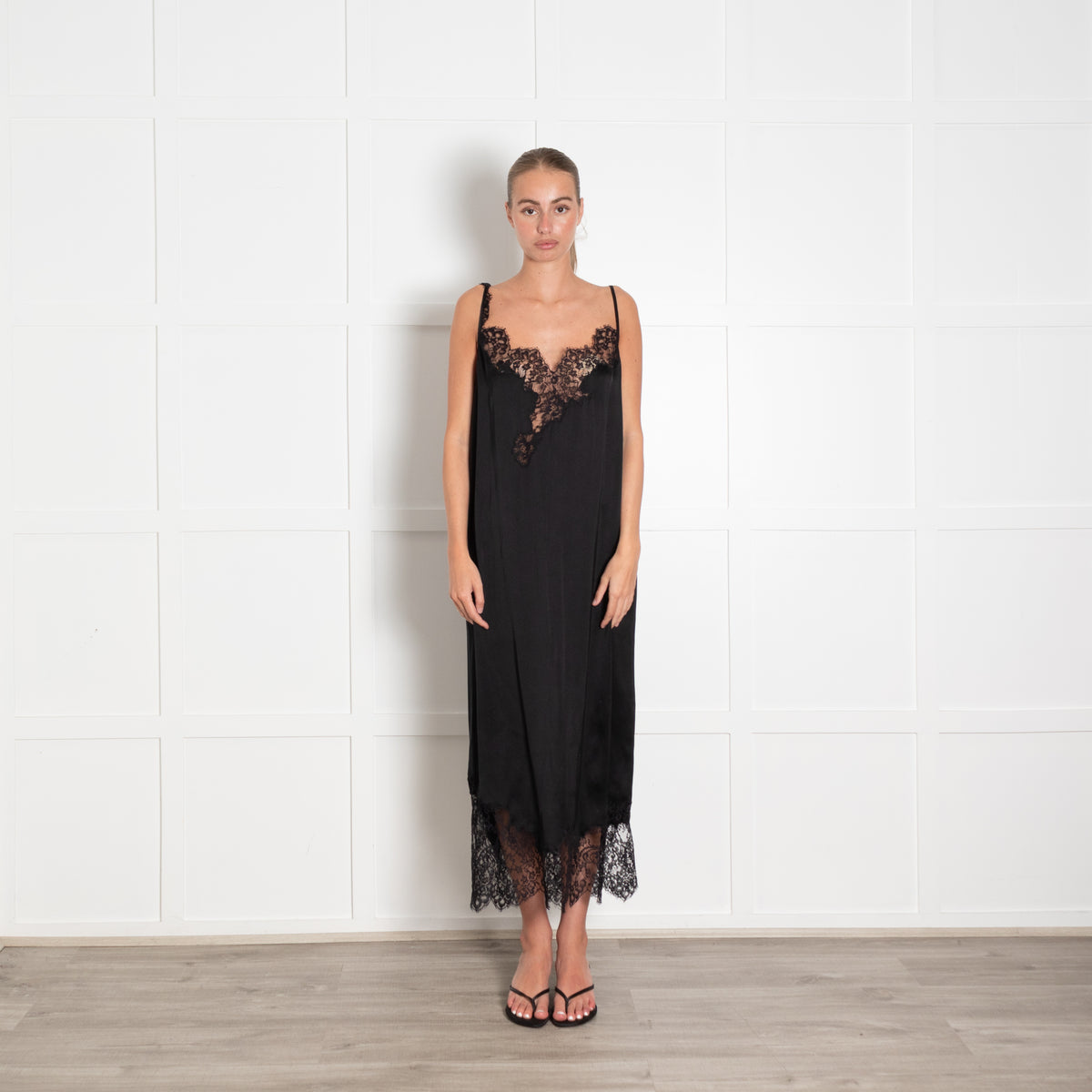 Raey Black Silk Lace Trim Strappy Dress