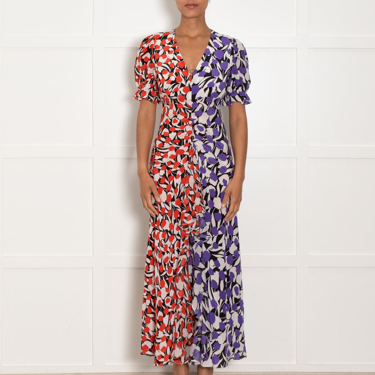 Rixo White Black Orange Floral Short Sleeve Maxi Dress
