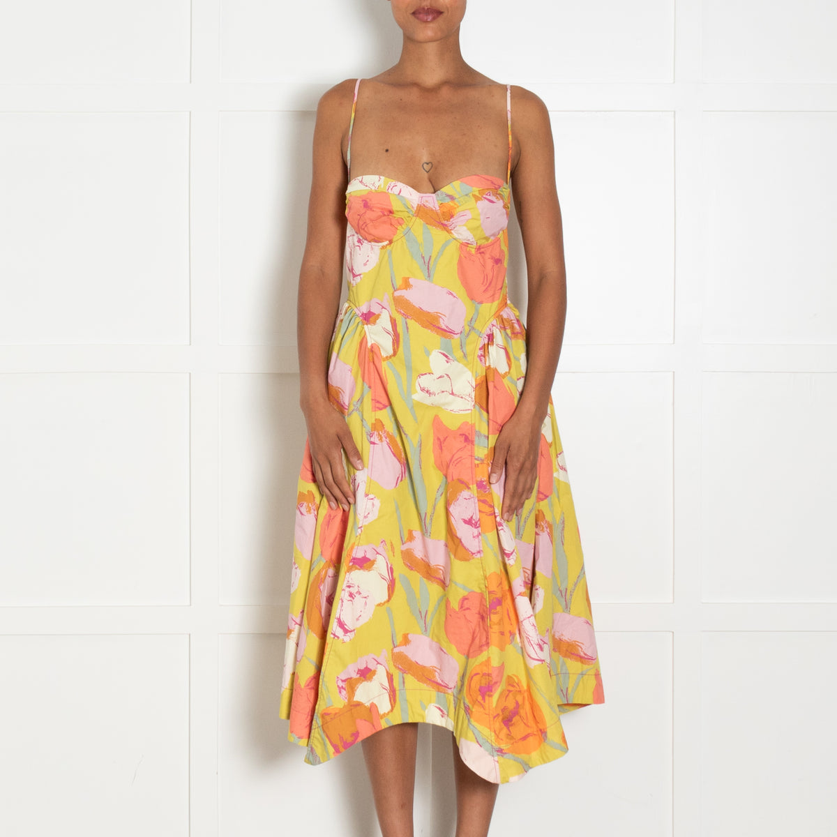 Free People Yellow Orange Floral Sleeveless Cotton Midi Dress