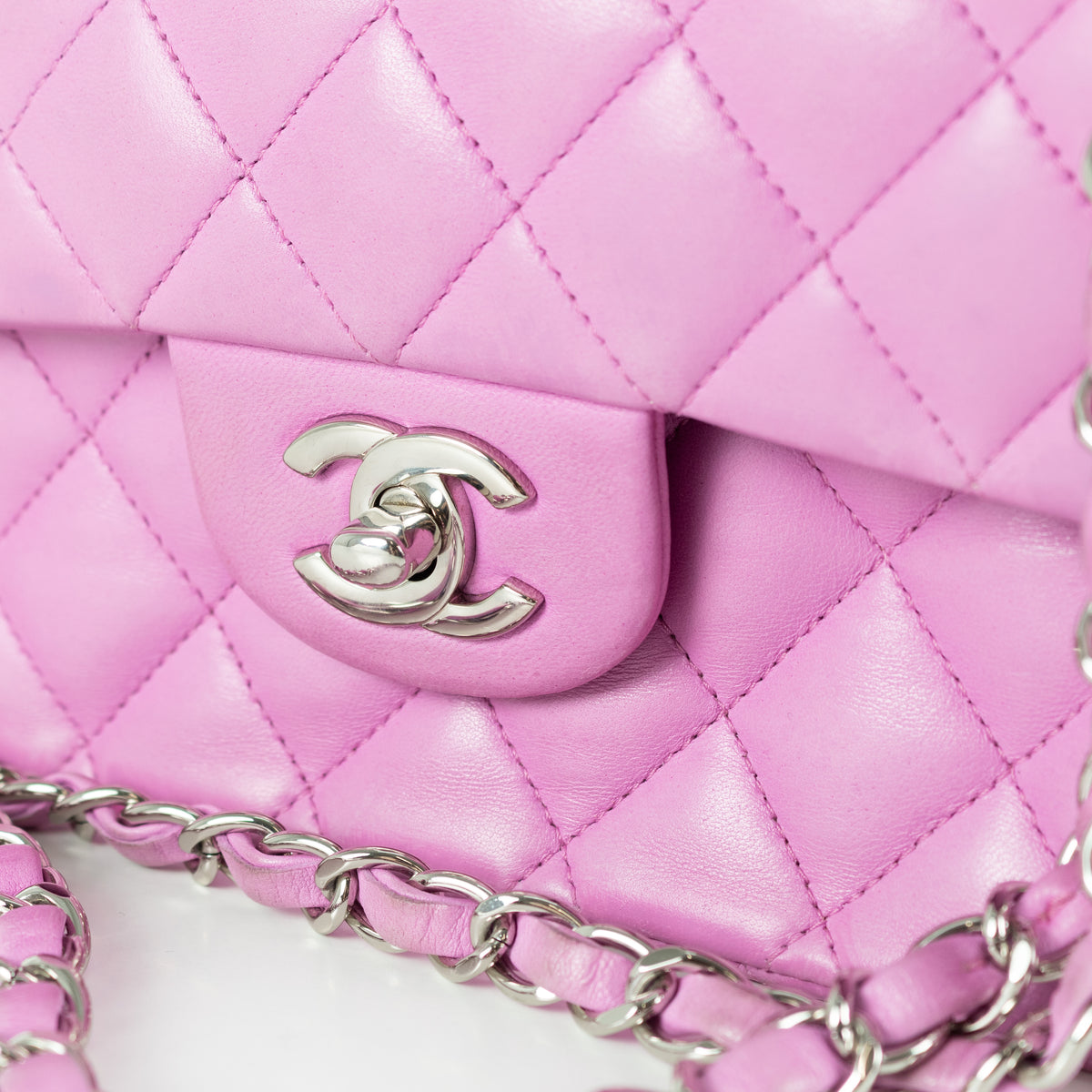 Close up of CC clasp and silver hardware.