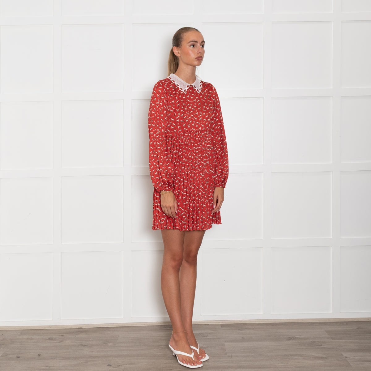 Maje Red White Horse Print Net Collared Mini Dress