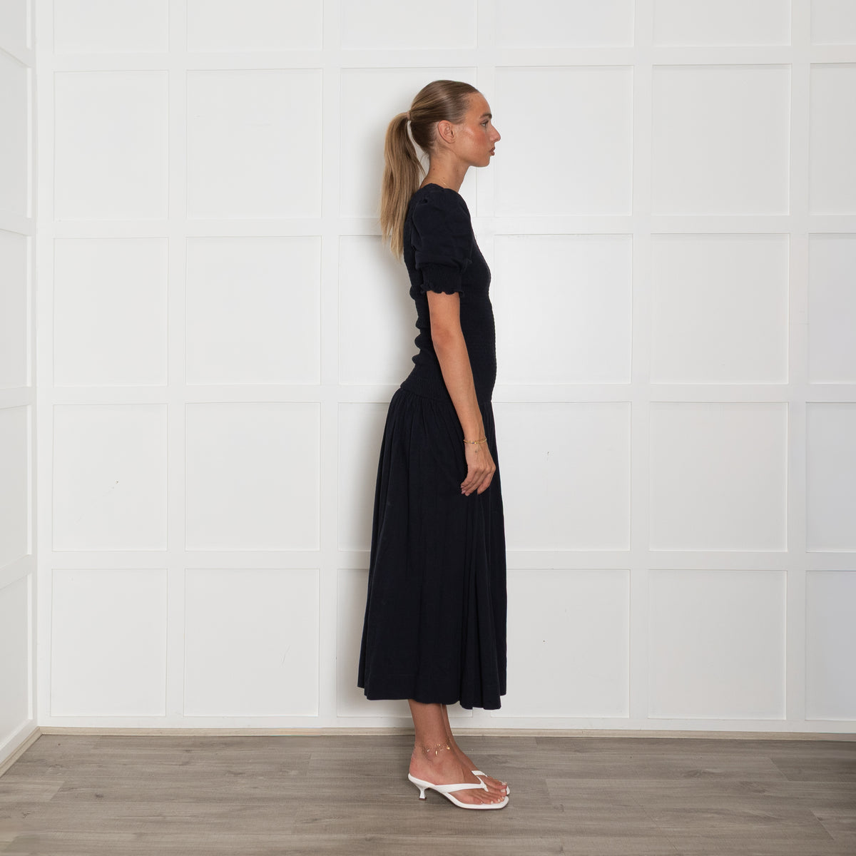 Me + Em Navy Shirred T-Shirt Material Midi Dress