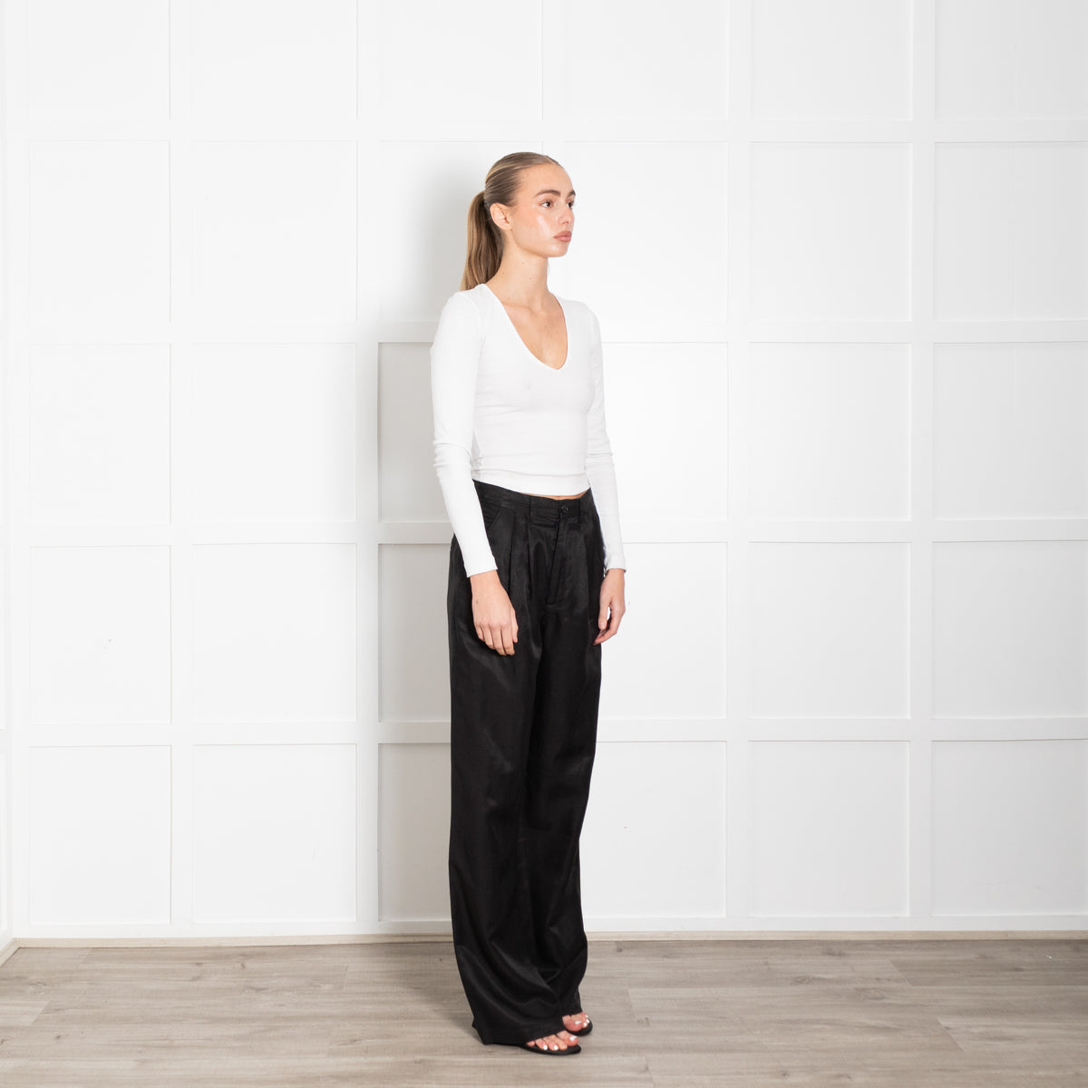 Anine Bing Black Pleat Front Wide Leg Trousers