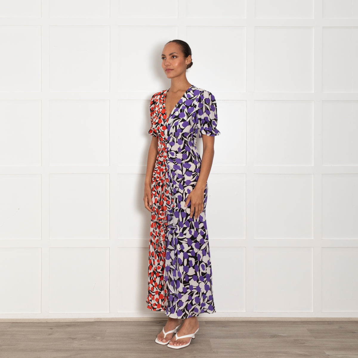 Rixo White Black Orange Floral Short Sleeve Maxi Dress