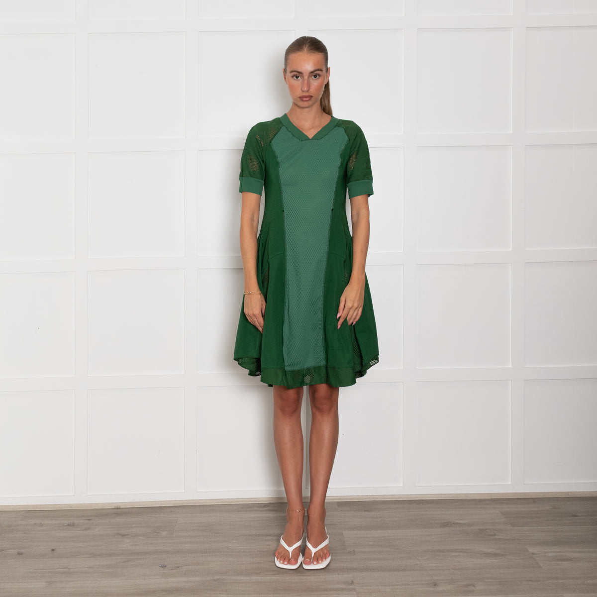High Green Stretchy Mesh Detail Short Dress