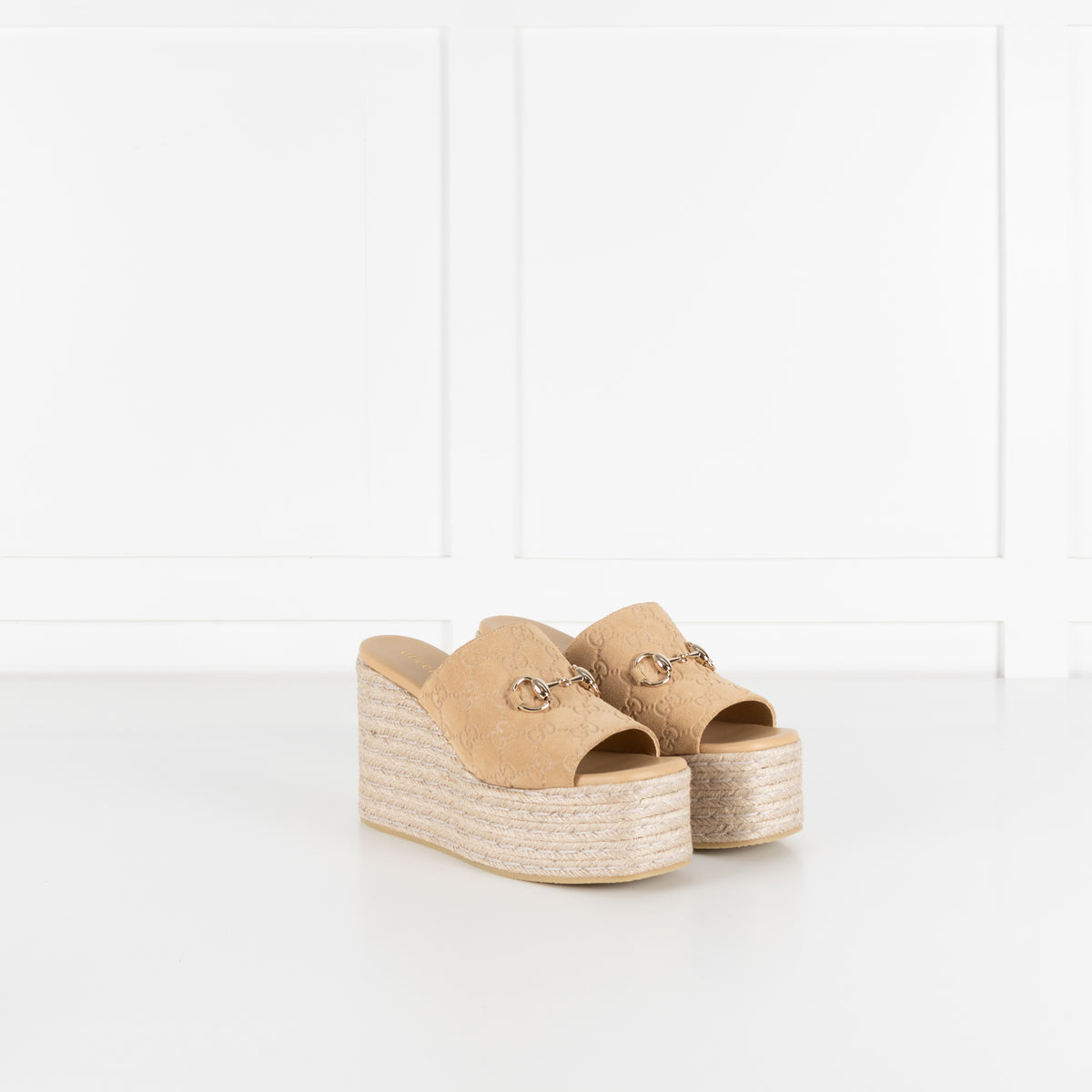 Gucci Beige Suede Platform Espadrille With Gold Horsebit