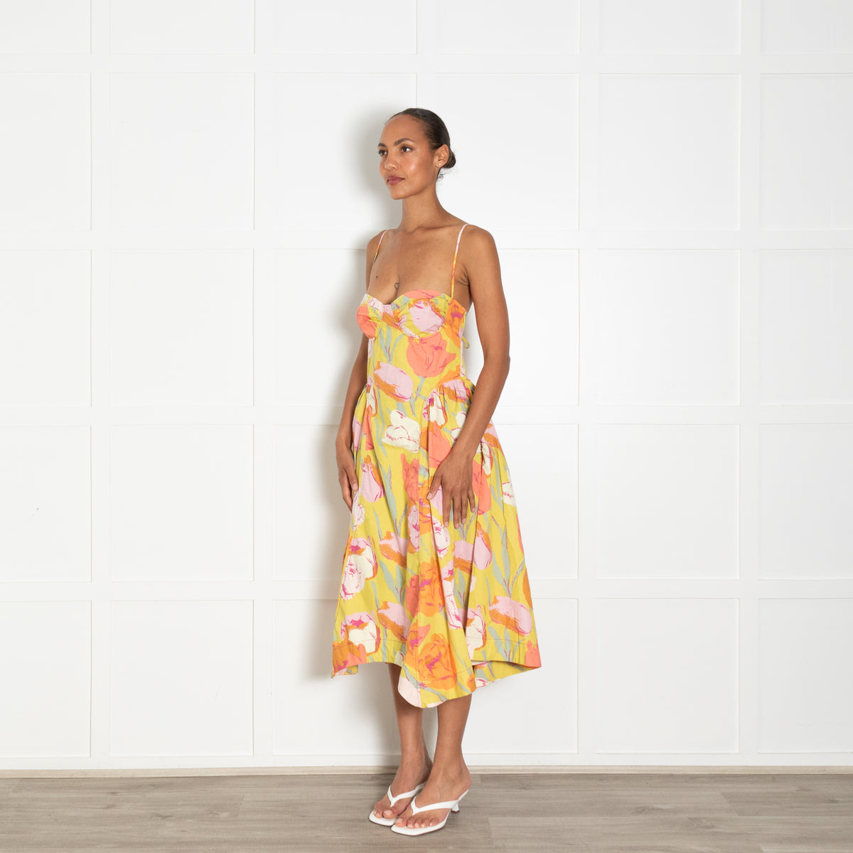 Free People Yellow Orange Floral Sleeveless Cotton Midi Dress