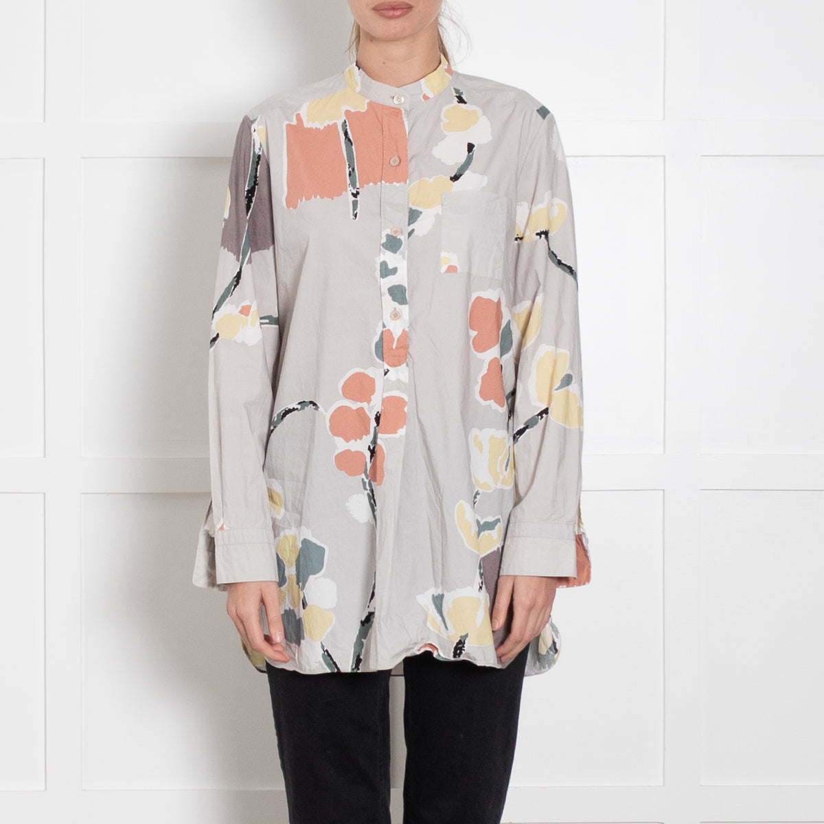 Marni Grey Orange Yellow Abstract Flower Print Cotton Shirt