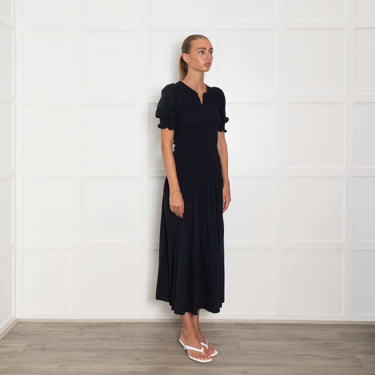 Me + Em Navy Shirred T-Shirt Material Midi Dress