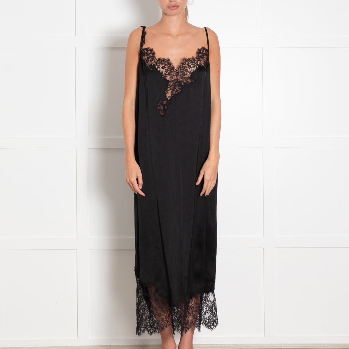 Raey Black Silk Lace Trim Strappy Dress