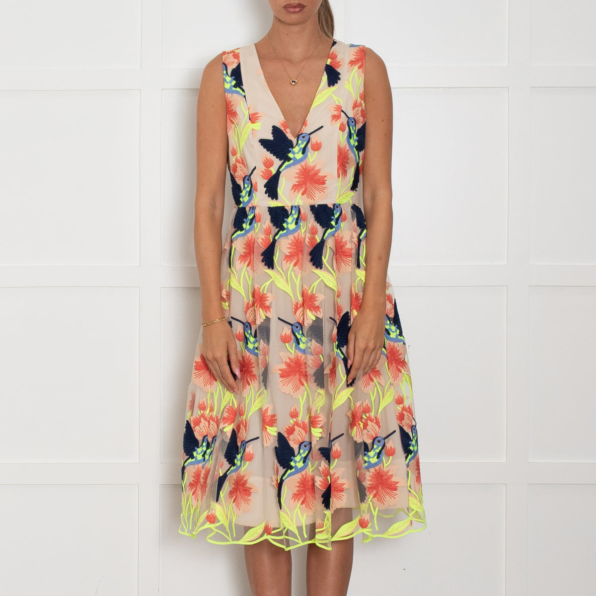 Alice + Olivia Beige Orange Neon Green Bird Embroidered Dress