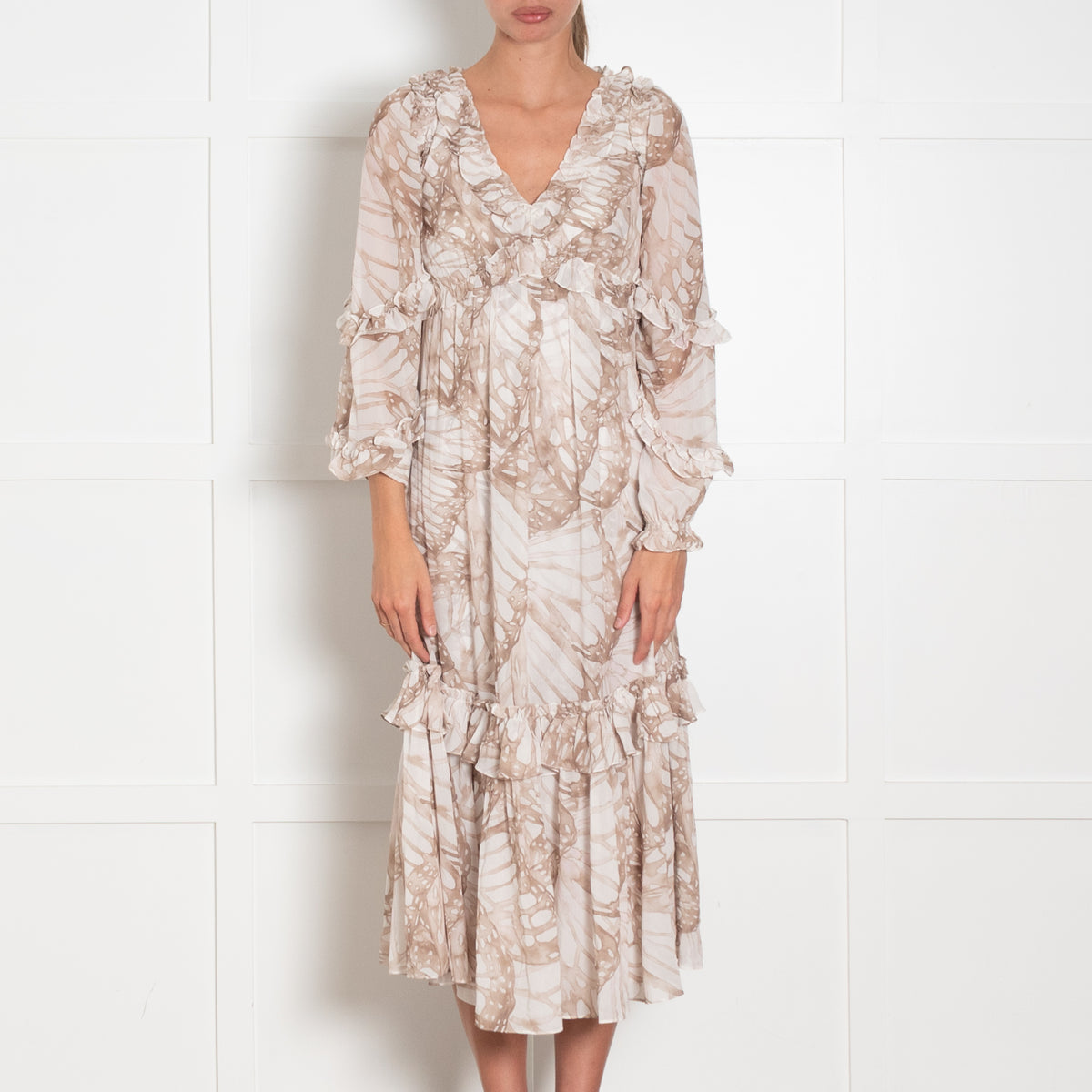 Needle & Thread Cream Beige Print Sleeved Ruffle Detail Maxi Dress