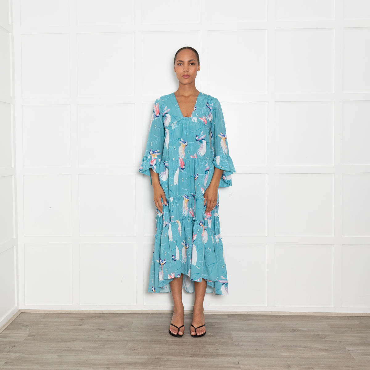 Borgo de Nor Turquoise Bird Print Tiered Maxi Dress
