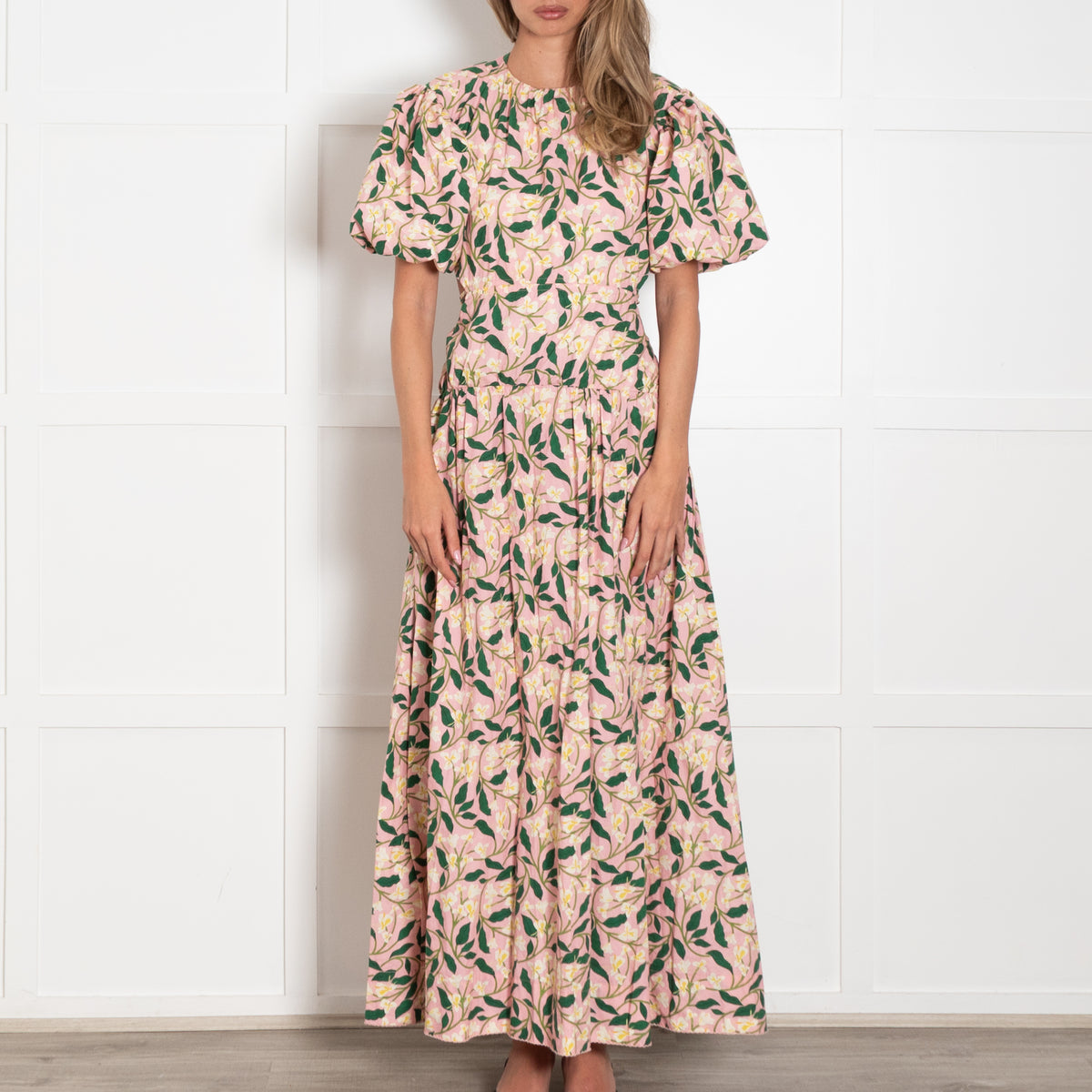 Agua Bendita Pink Green Floral Backless Puff Sleeve Maxi Dress