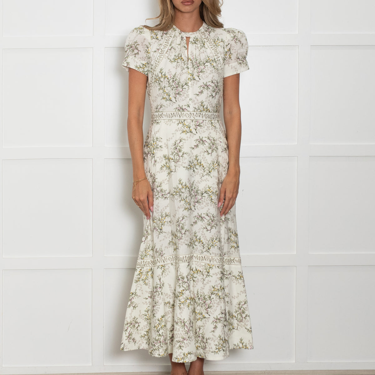 Me + Em Cream and Green Leaf Print Midi Dress