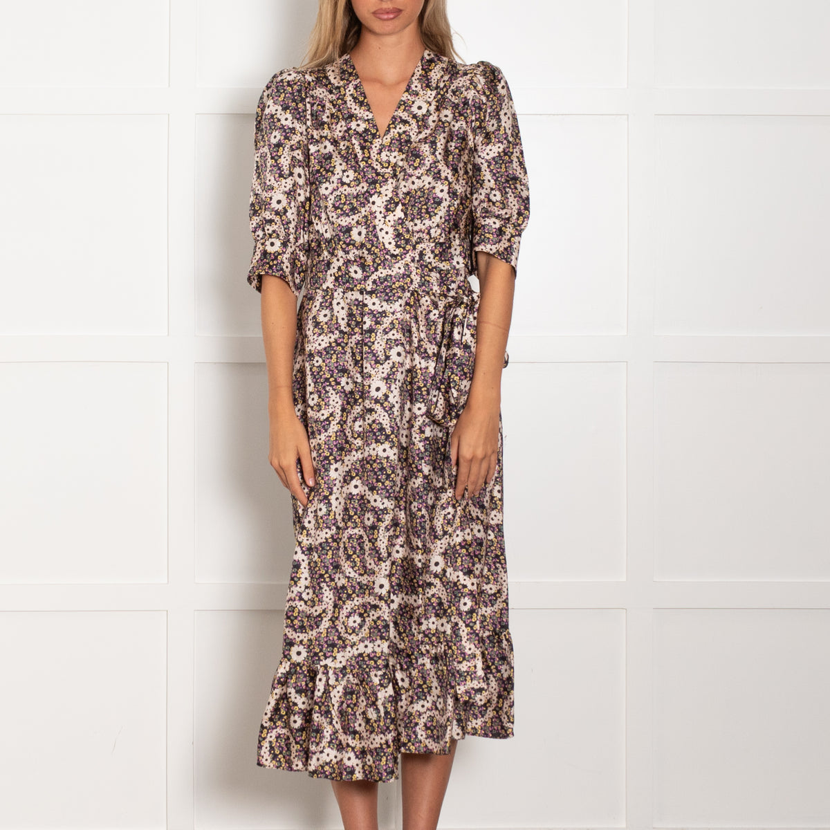 Sandro Purple Yellow Floral Wrap Midi Dress