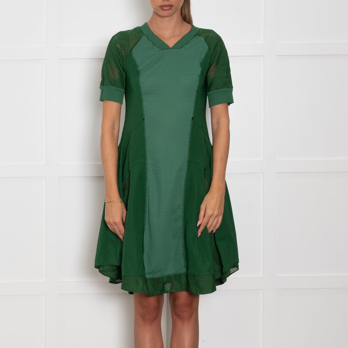 High Green Stretchy Mesh Detail Short Dress