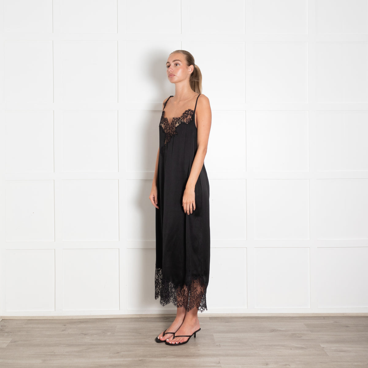 Raey Black Silk Lace Trim Strappy Dress