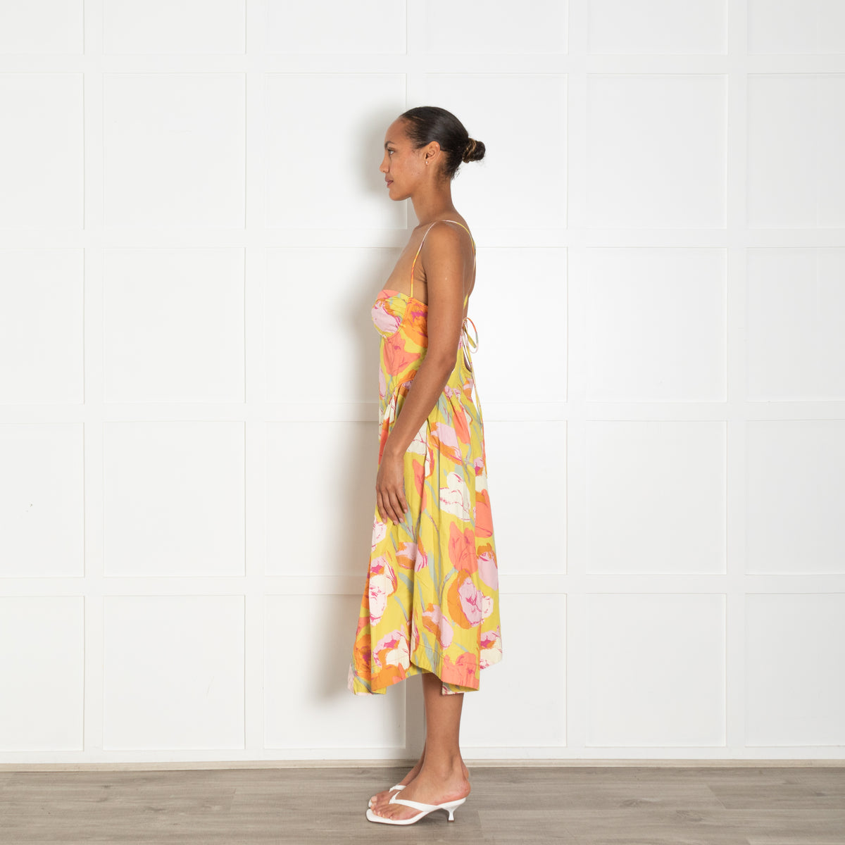 Free People Yellow Orange Floral Sleeveless Cotton Midi Dress