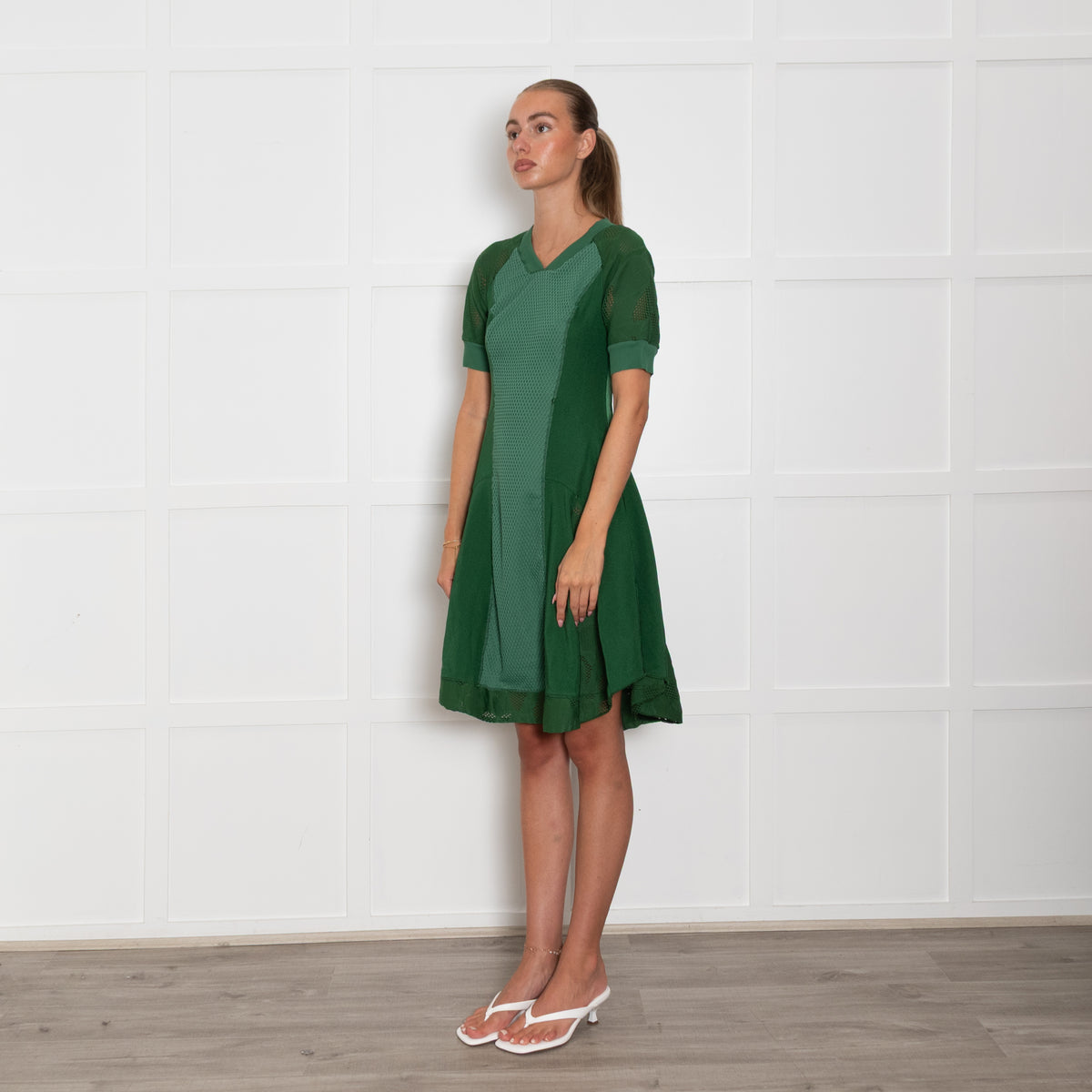 High Green Stretchy Mesh Detail Short Dress