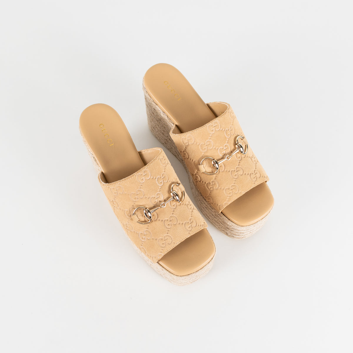 Gucci Beige Suede Platform Espadrille With Gold Horsebit