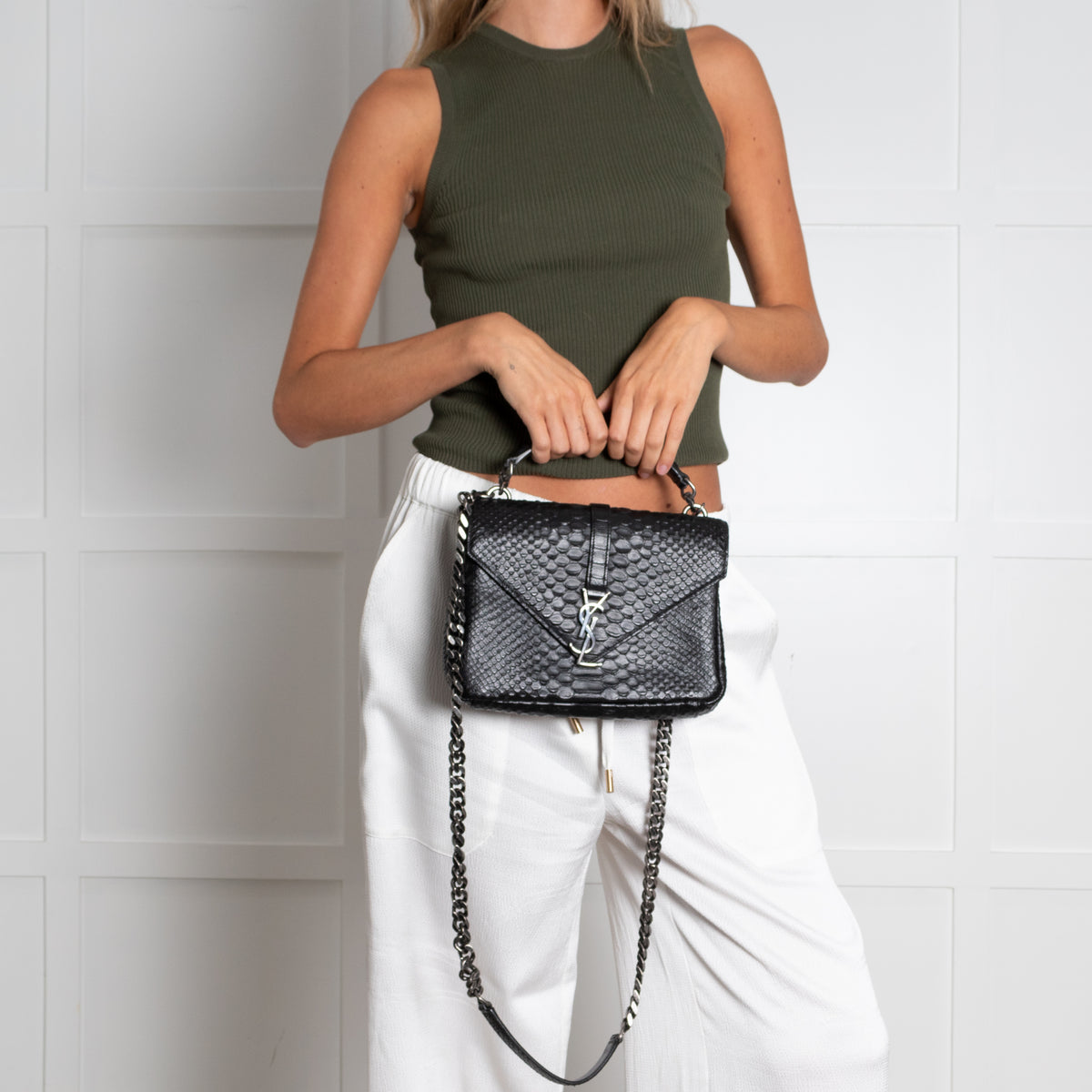 Saint Laurent Black Snake Embossed Monogram College Satchel Bag