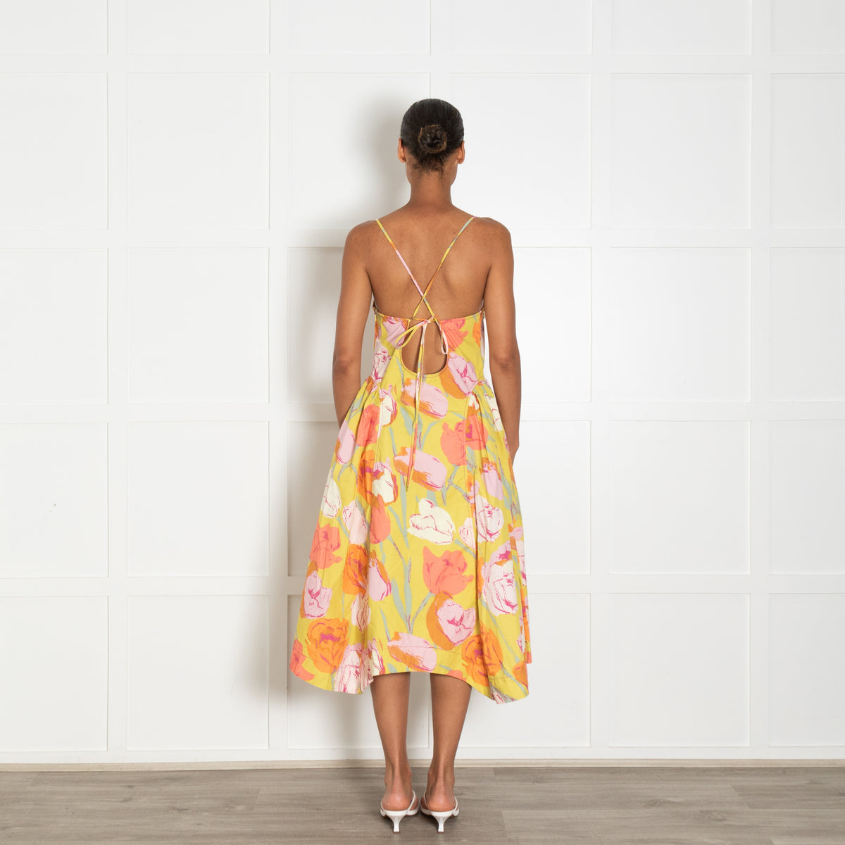 Free People Yellow Orange Floral Sleeveless Cotton Midi Dress
