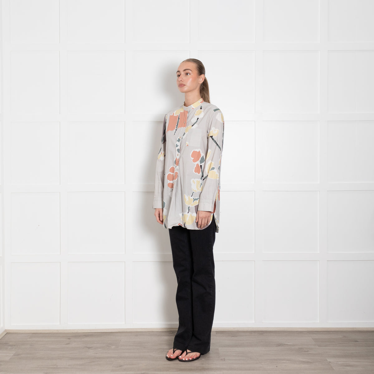 Marni Grey Orange Yellow Abstract Flower Print Cotton Shirt