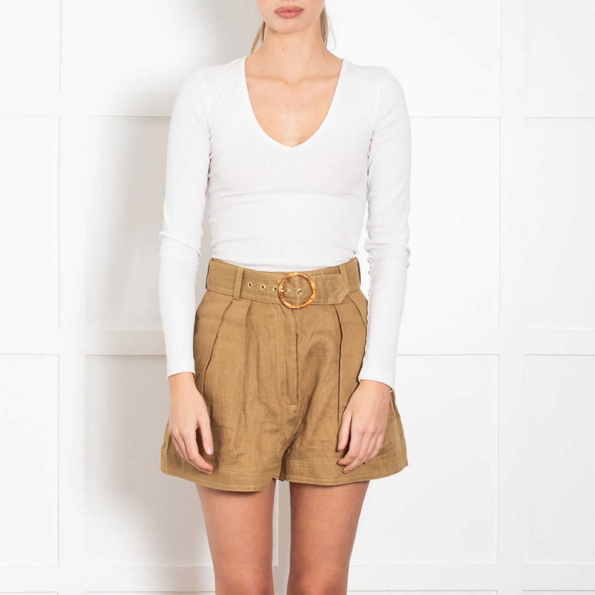 Zimmermann  Green Linen Pleated Shorts With Belt