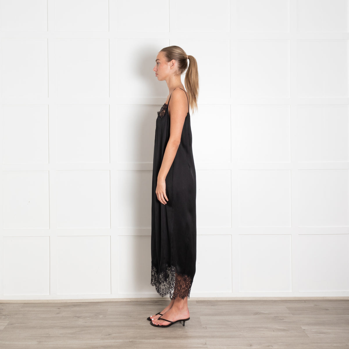 Raey Black Silk Lace Trim Strappy Dress