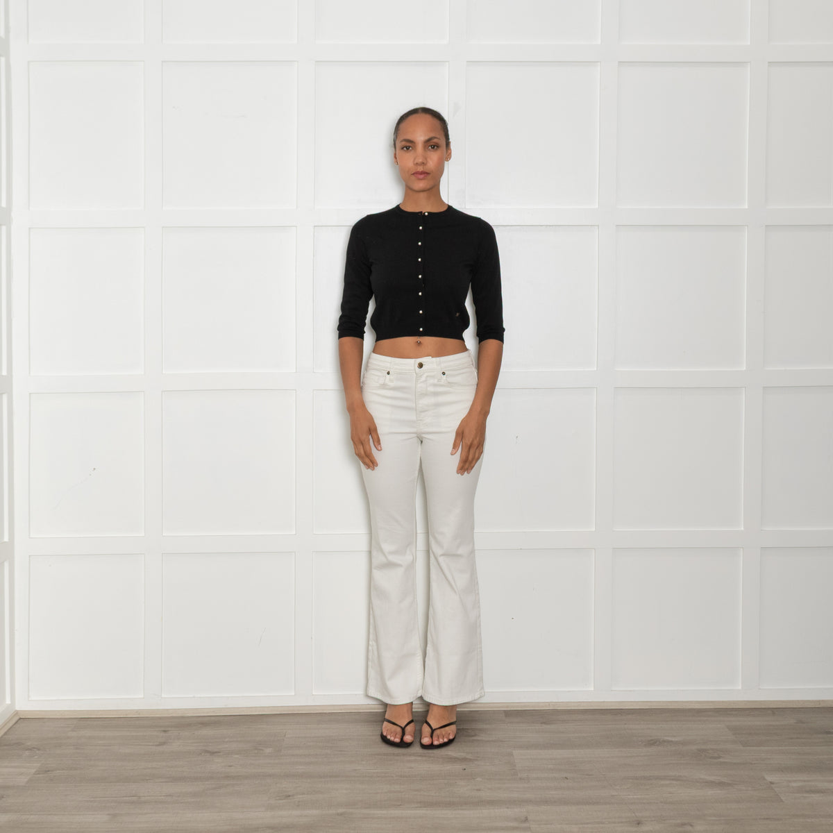 CH Carolina Herrera Black Pearl Button Cropped Cardigan