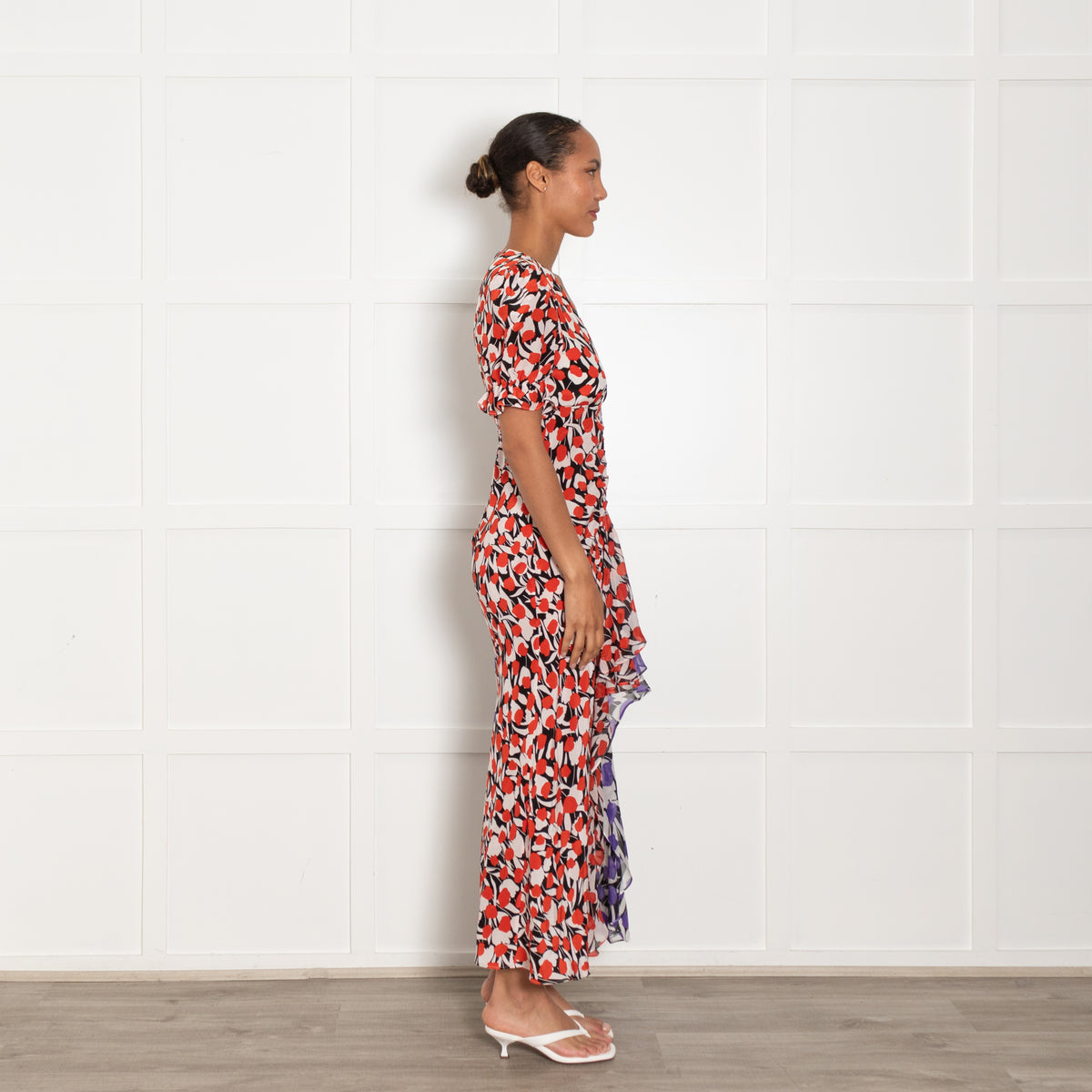 Rixo White Black Orange Floral Short Sleeve Maxi Dress