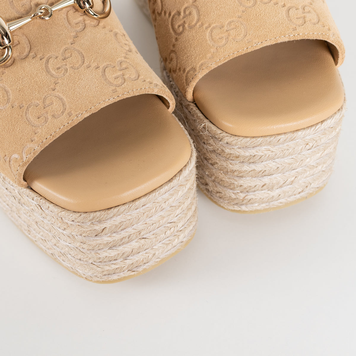 Gucci Beige Suede Platform Espadrille With Gold Horsebit