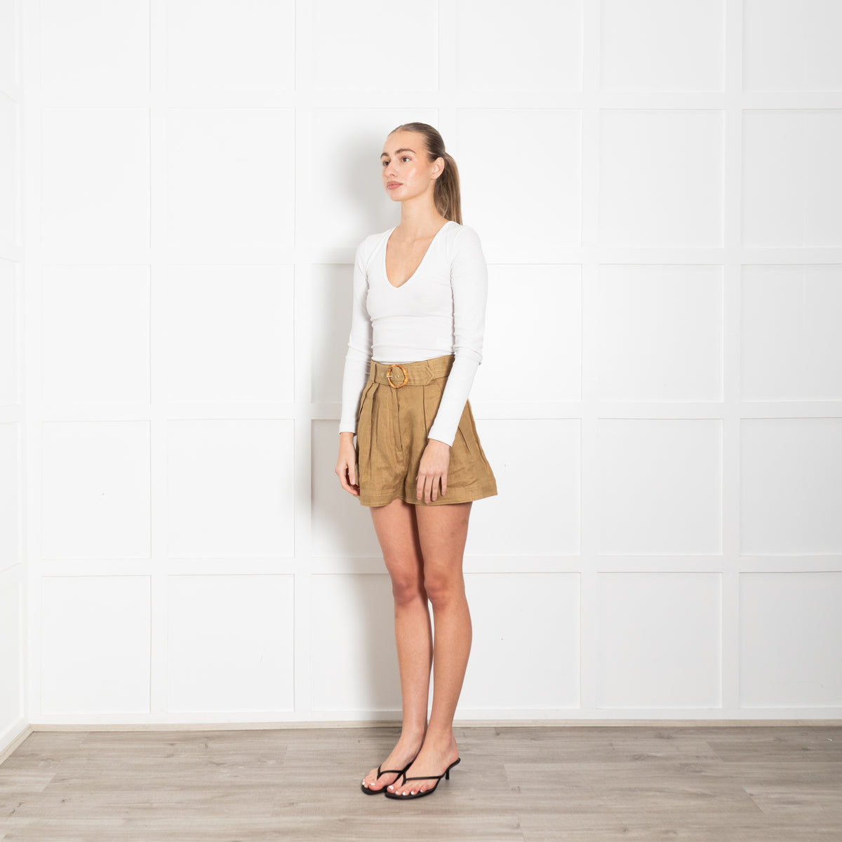 Zimmermann  Green Linen Pleated Shorts With Belt