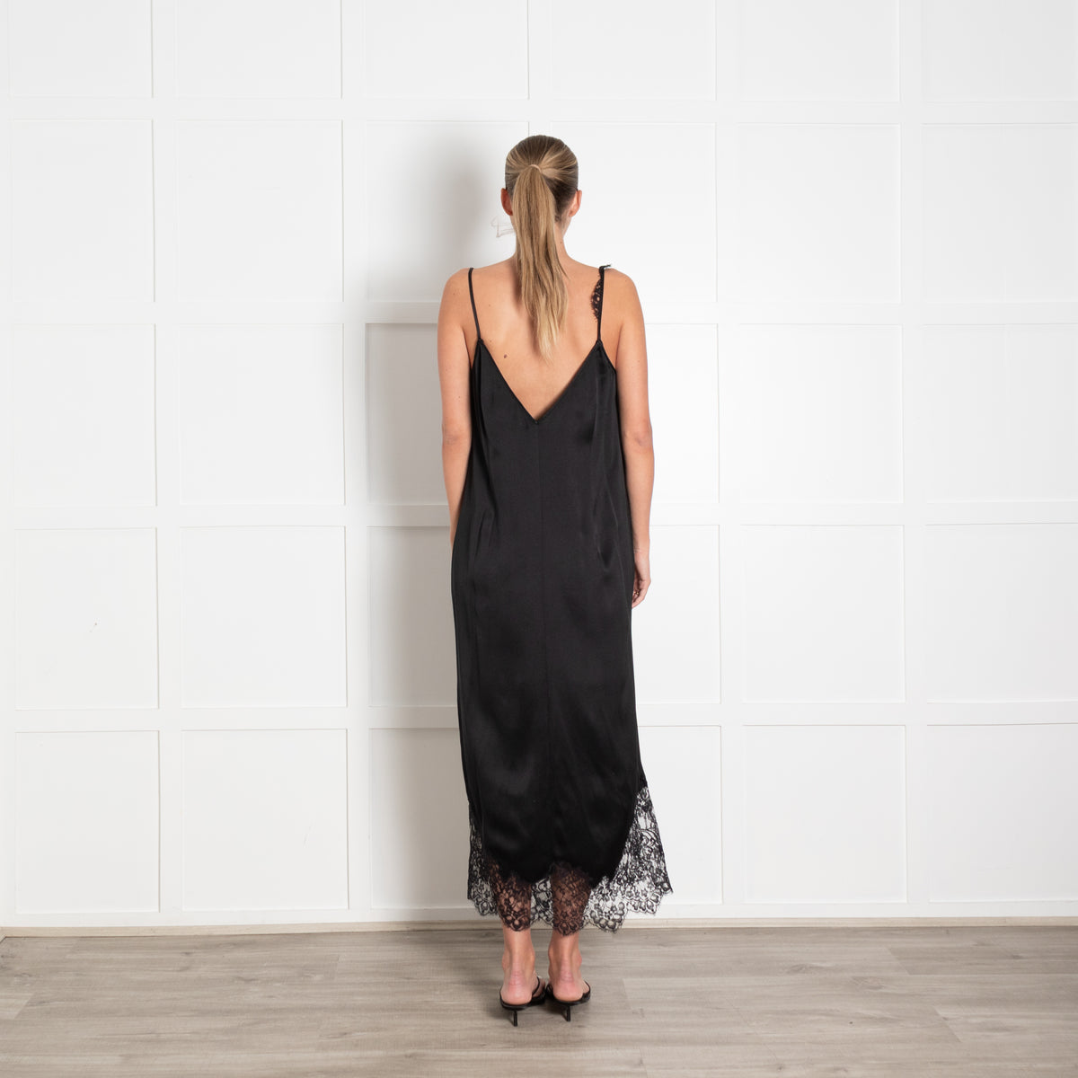 Raey Black Silk Lace Trim Strappy Dress