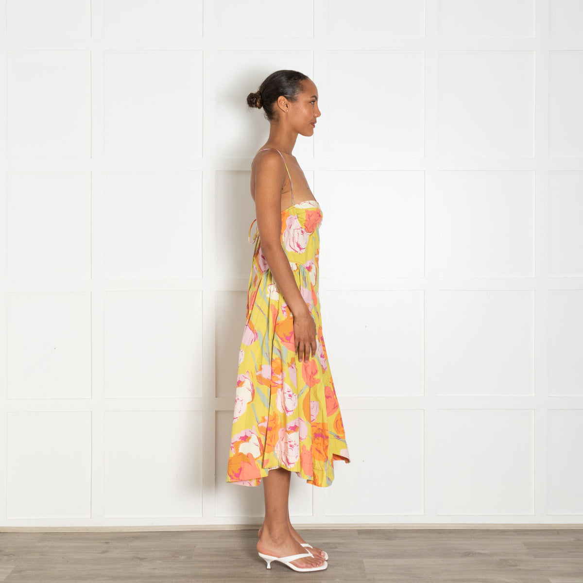 Free People Yellow Orange Floral Sleeveless Cotton Midi Dress