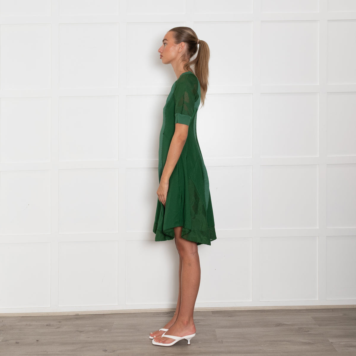 High Green Stretchy Mesh Detail Short Dress