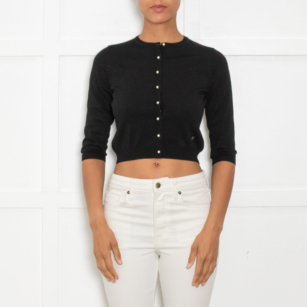 CH Carolina Herrera Black Pearl Button Cropped Cardigan